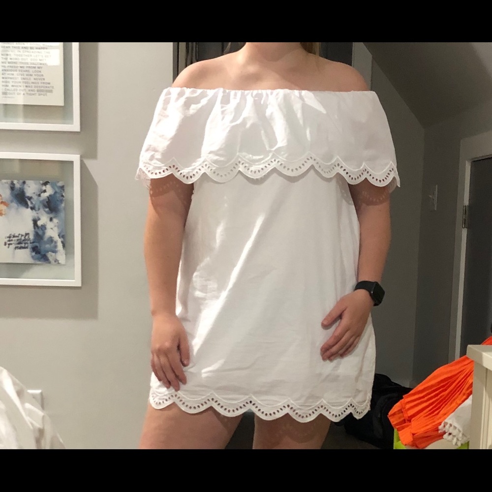White scalloped off-shoulder dress